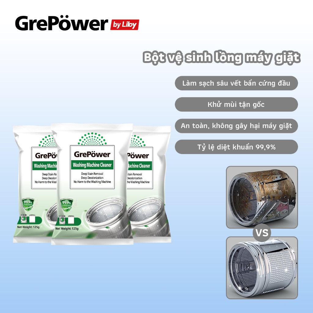 Bột Vệ Sinh Lồng Giặt GrePower, VN-6, 125g, Kháng Khuẩn, Bột Làm Sạch Trống Máy Giặt, Chất Tẩy Rửa, Đồ Dùng Máy Giặt Sâu
