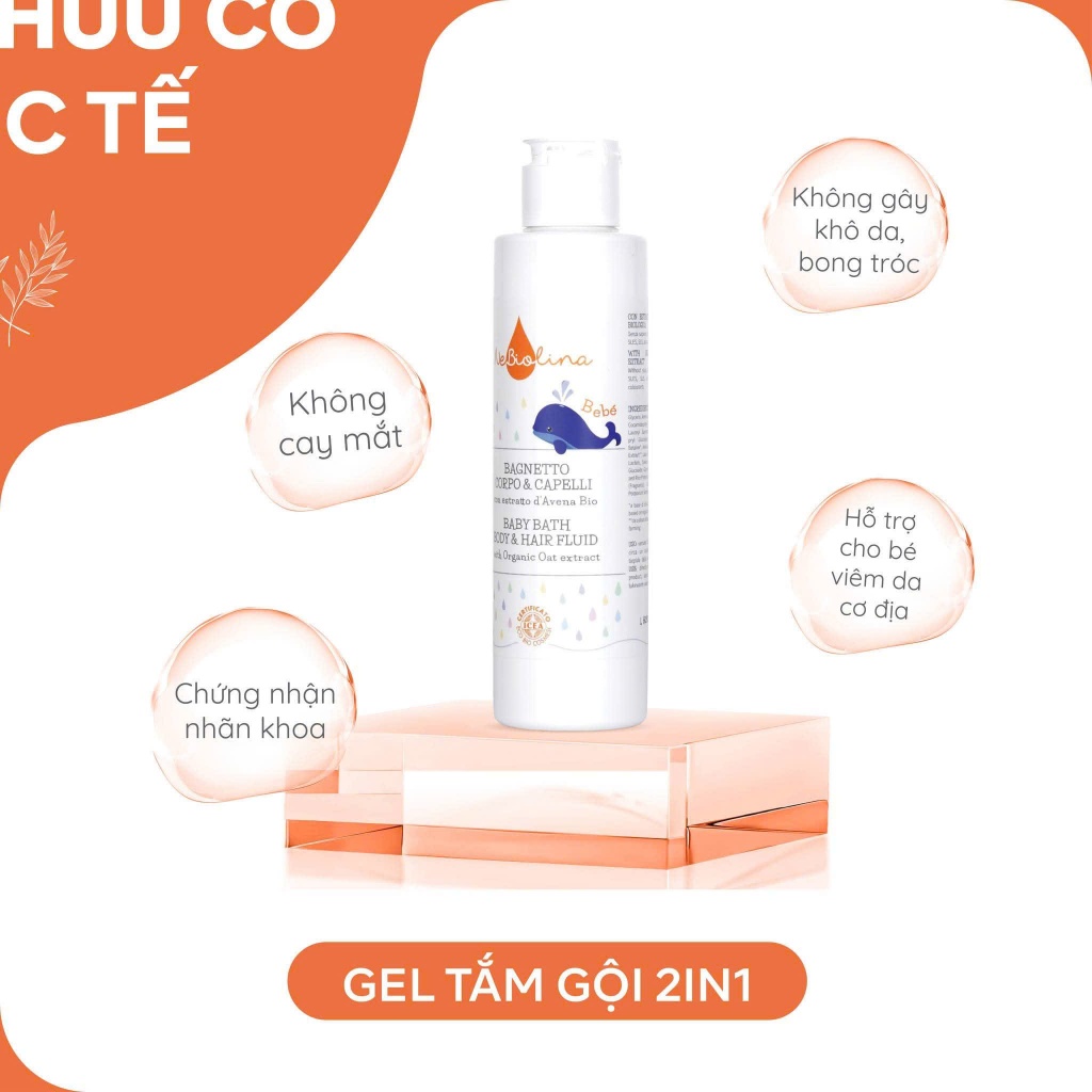 Sữa tắm gội NeBiolina cho bé  dịu nhẹ và dưỡng ẩm chiết xuất yến mạch Hữu cơ 0M+ 200ml
