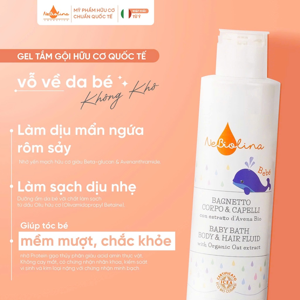 Sữa tắm gội NeBiolina cho bé  dịu nhẹ và dưỡng ẩm chiết xuất yến mạch Hữu cơ 0M+ 200ml