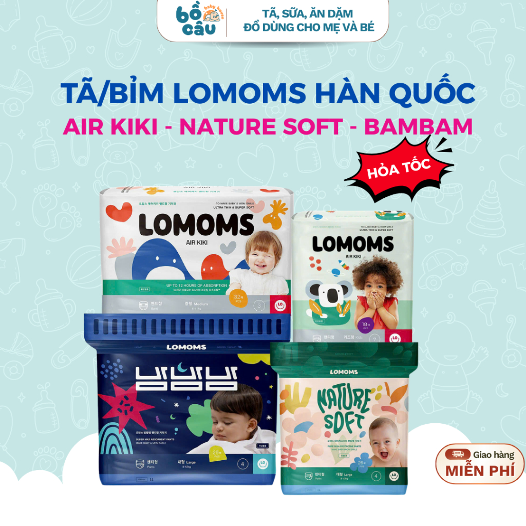Tã/Bỉm ngày đêm Lomoms nội địa Hàn Quốc, siêu mềm mịn, đủ size cho bé