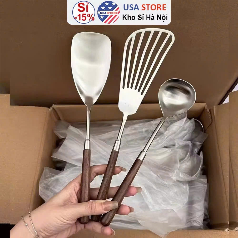Bộ 3 Dụng Cụ Nấu Ăn Inox Cán Gỗ Cao Cấp – Sạn Xào, Vá Canh, Xẻng Lật Chống Dính, Bền Đẹp Cho Nhà Bếp