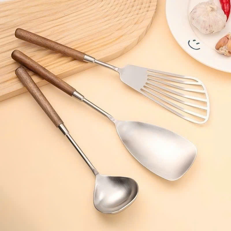 Bộ 3 Dụng Cụ Nấu Ăn Inox Cán Gỗ Cao Cấp – Sạn Xào, Vá Canh, Xẻng Lật Chống Dính, Bền Đẹp Cho Nhà Bếp