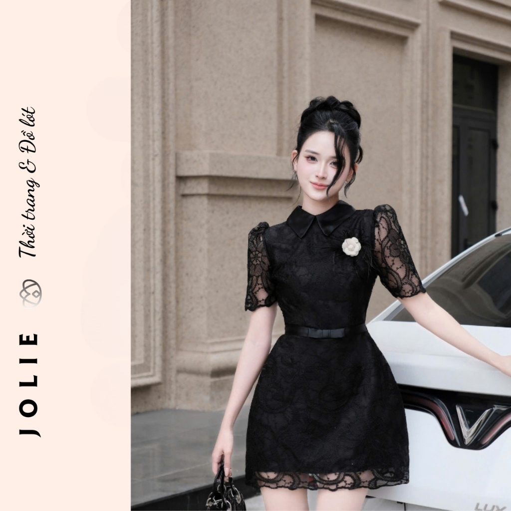 Váy Ren Cao Cấp Cổ Đức Phối Tay Bồng Và Nơ Eo JOLIE