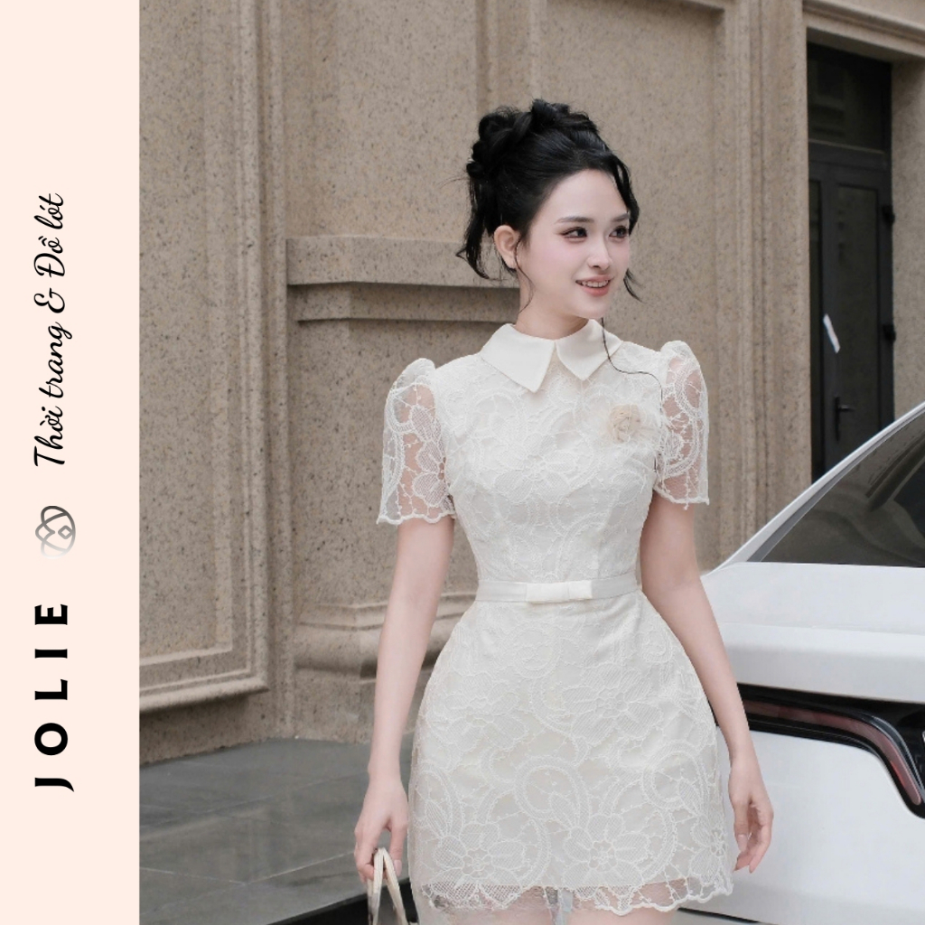 Váy Ren Cao Cấp Cổ Đức Phối Tay Bồng Và Nơ Eo JOLIE