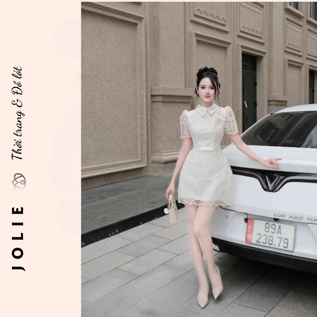 Váy Ren Cao Cấp Cổ Đức Phối Tay Bồng Và Nơ Eo JOLIE