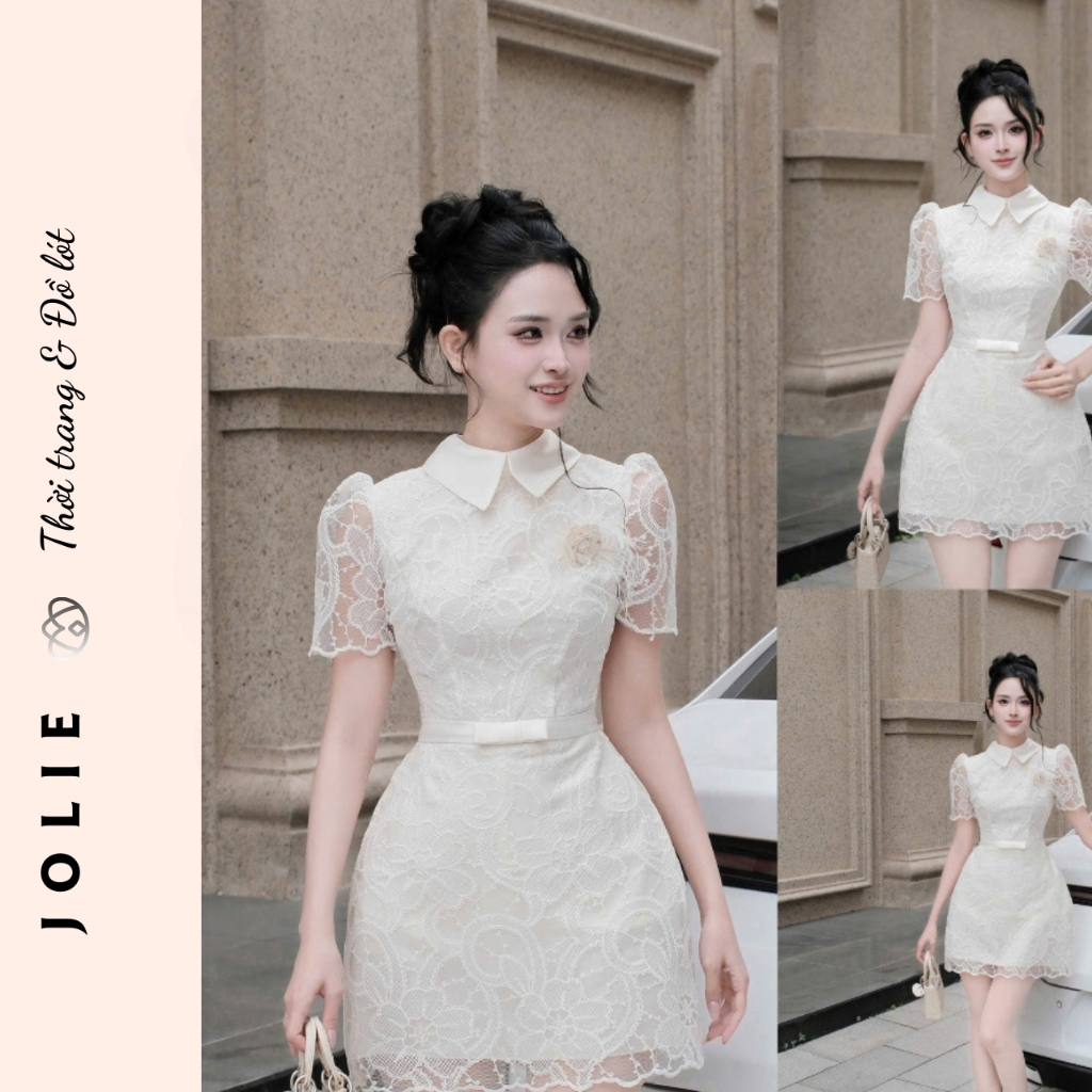 Váy Ren Cao Cấp Cổ Đức Phối Tay Bồng Và Nơ Eo JOLIE