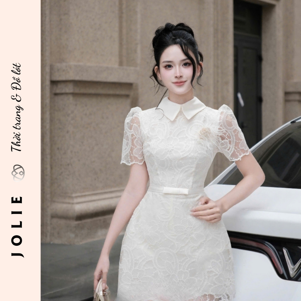 Váy Ren Cao Cấp Cổ Đức Phối Tay Bồng Và Nơ Eo JOLIE