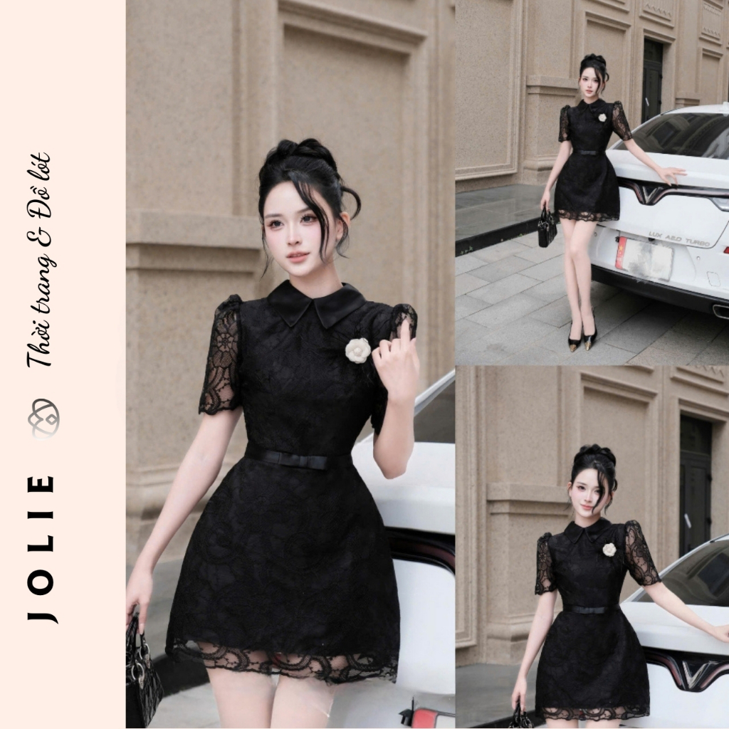 Váy Ren Cao Cấp Cổ Đức Phối Tay Bồng Và Nơ Eo JOLIE