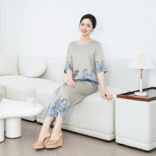 [CAO CẤP] Bộ Đồ Trung Niên Áo Lụa Latin Tay Lỡ, Quần Suông Ống Rộng, Co Giãn Thoải Mái Thoáng Mát - Anh Thư Shop (AT40)