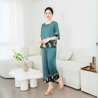 [CAO CẤP] Bộ Đồ Trung Niên Áo Lụa Latin Tay Lỡ, Quần Suông Ống Rộng, Co Giãn Thoải Mái Thoáng Mát - Anh Thư Shop (AT40)
