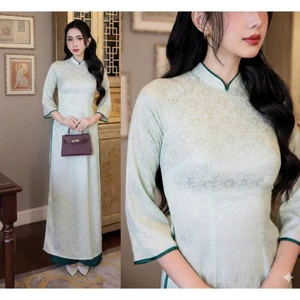 Set Áo Dài Lụa Gấm Hoa Chìm Sang Trọng Áo Dài Cách Tân Nữ Tay Lỡ Viền Xanh Ngọc Đồ Lam Đi Chùa, Lễ Tết, Dự Tiệc T1594G