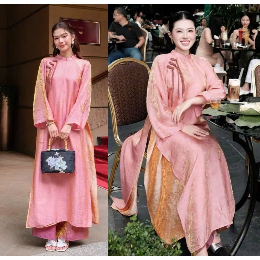 Áo Dài Cách Tân 4 Tà Voan Tơ Óng Cao Cấp Dáng Suông Đính Khuy Vải Set Áo Dài Nữ Lễ Tết, Đi Tiệc Kèm Quần Tơ Óng T1540G