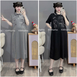VÁY BẦU CỘC TAY ZIP DÁNG XUÔNG CỔ POLO THÊU HÌNH MÈO - 2 Màu 💥Freeship💥