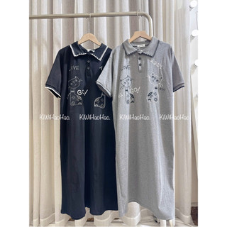 VÁY BẦU CỘC TAY ZIP DÁNG XUÔNG CỔ POLO THÊU HÌNH MÈO - 2 Màu 💥Freeship💥