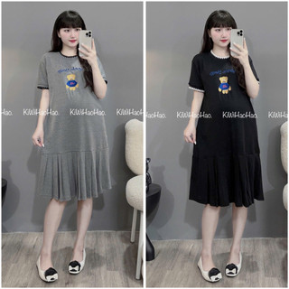 VÁY BẦU CỘC TAY ZIP DÁNG XUÔNG CHÂN VÂY XOÈ in HÌNH GẤU CỔ TRÒN BO - 2 Màu⚡RẺ VÔ ĐỊCH⚡