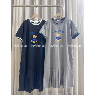 VÁY BẦU CỘC TAY ZIP DÁNG XUÔNG CHÂN VÂY XOÈ in HÌNH GẤU CỔ TRÒN BO - 2 Màu⚡RẺ VÔ ĐỊCH⚡