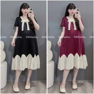 VÁY BẦU CỘC TAY MÌ DÁNG XUÔNG CHÂN VÁY PHA TRẮNG CỔ NƠ REN - 2 Màu 💥Freeship💥