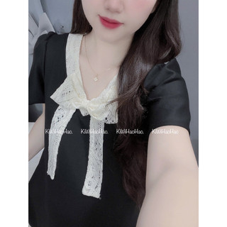 VÁY BẦU CỘC TAY MÌ DÁNG XUÔNG CHÂN VÁY PHA TRẮNG CỔ NƠ REN - 2 Màu 💥Freeship💥