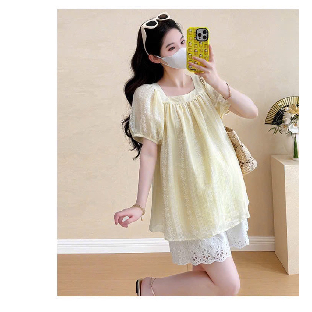 ÁO BẦU CỘC TAY TĂM XƯỚC IN HOA CỔ VUÔNG DÁNG BBD - 2 màu
