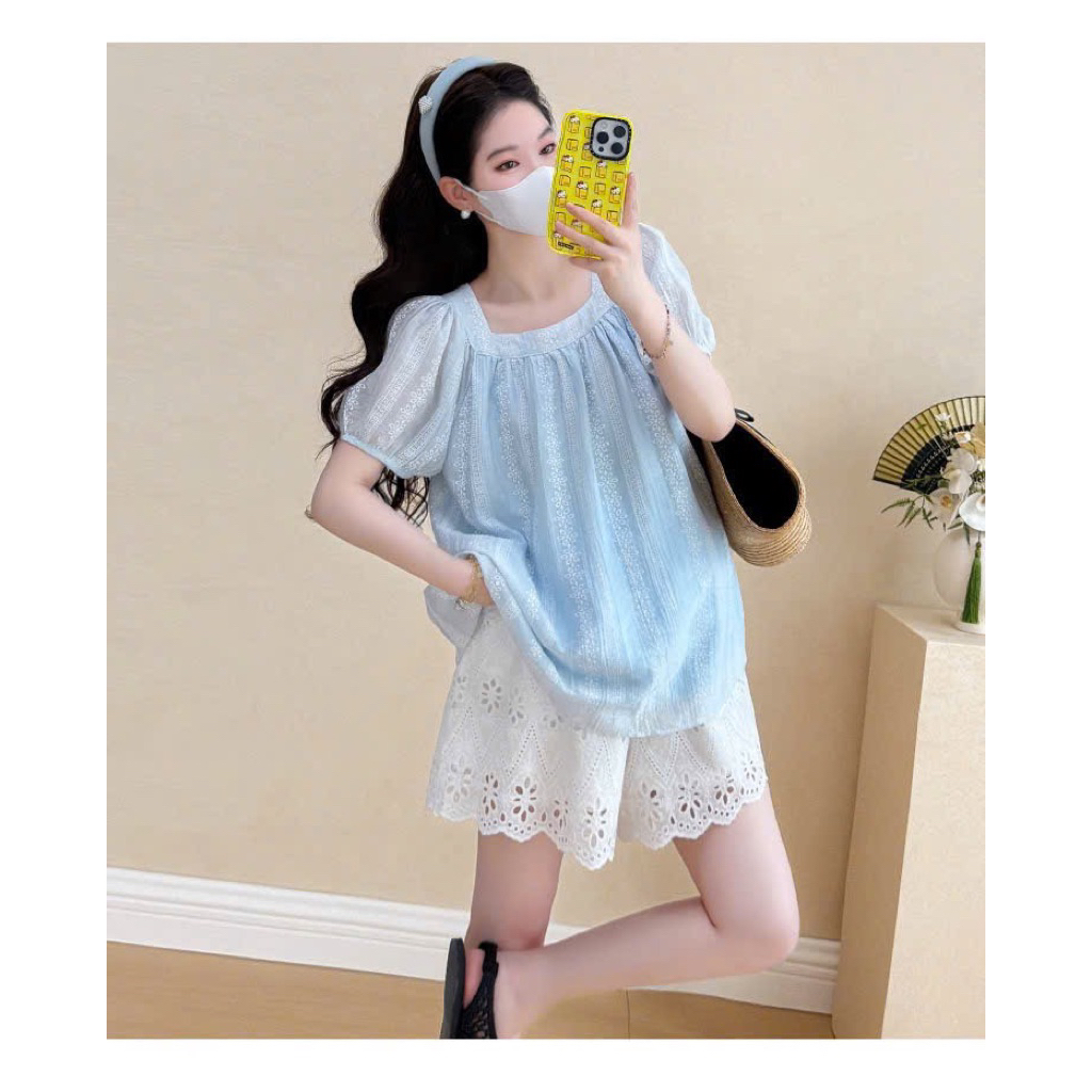 ÁO BẦU CỘC TAY TĂM XƯỚC IN HOA CỔ VUÔNG DÁNG BBD - 2 màu