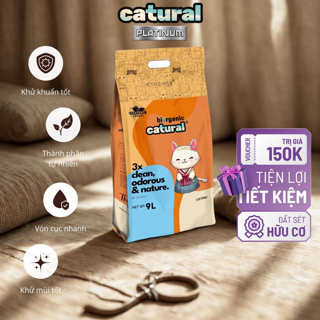 Catural Platinum Cat Litter 7L (3kg) – Hạt Siêu Mịn, Ít Bụi, Vón Cục Tốt, Không Dính Đáy Khay