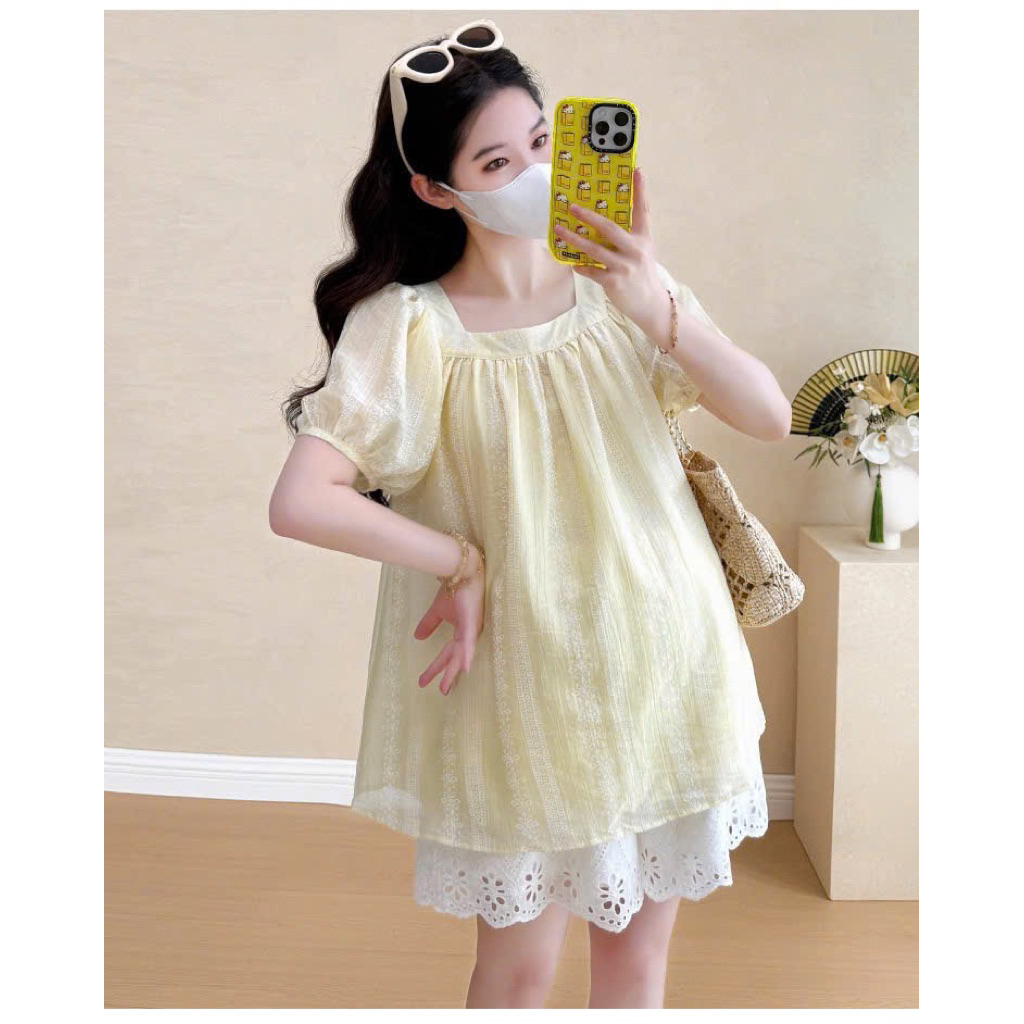 ÁO BẦU CỘC TAY TĂM XƯỚC IN HOA CỔ VUÔNG DÁNG BBD - 2 màu