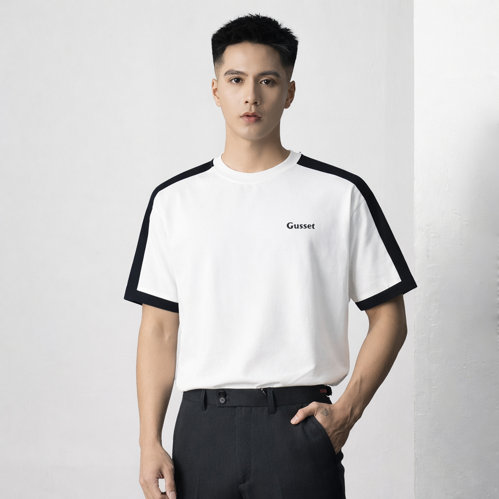 Áo Thun Nam Basic Phối Viền Vai  Cổ Tròn Form Rộng Oversize Style Streetwear  GUSSET AP07