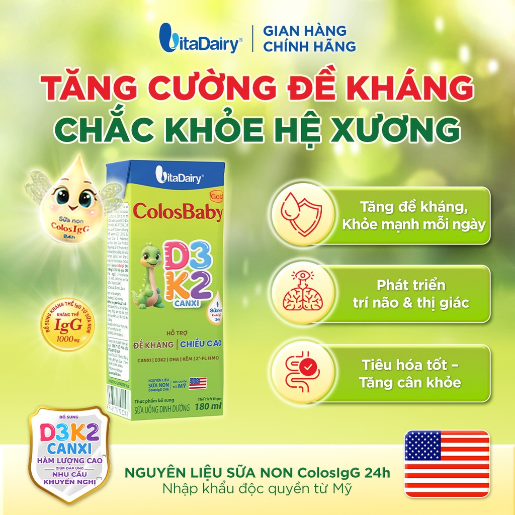 [Thùng 48 HỘP] Sữa uống dinh dưỡng ColosBaby Gold D3K2 110ml/180ml – Bổ sung canxi, hỗ trợ xương chắc khỏe