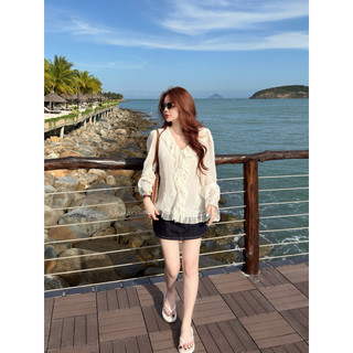 LOU BAE| (HÀNG QC) Áo Sơ Mi Nữ Tay Dài Cổ V Viền Bèo Chất Tơ Mỏng Nhẹ