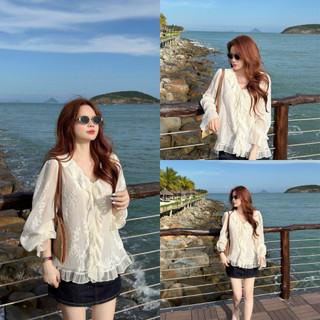 LOU BAE| (HÀNG QC) Áo Sơ Mi Nữ Tay Dài Cổ V Viền Bèo Chất Tơ Mỏng Nhẹ