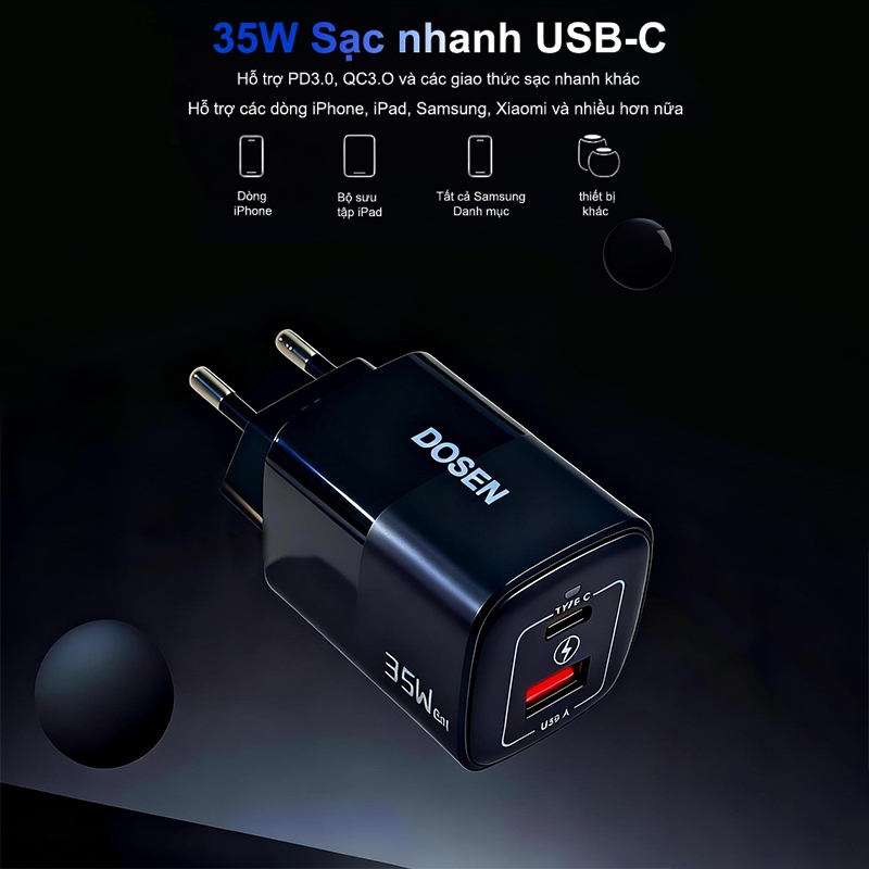 DOSEN PD 35W GaN Type-C/USB-A 2 Cổng Sạc Nhanh Cho Điện Thoại thích hợp cho i14 13 12 pro max | BigBuy360 - bigbuy360.vn
