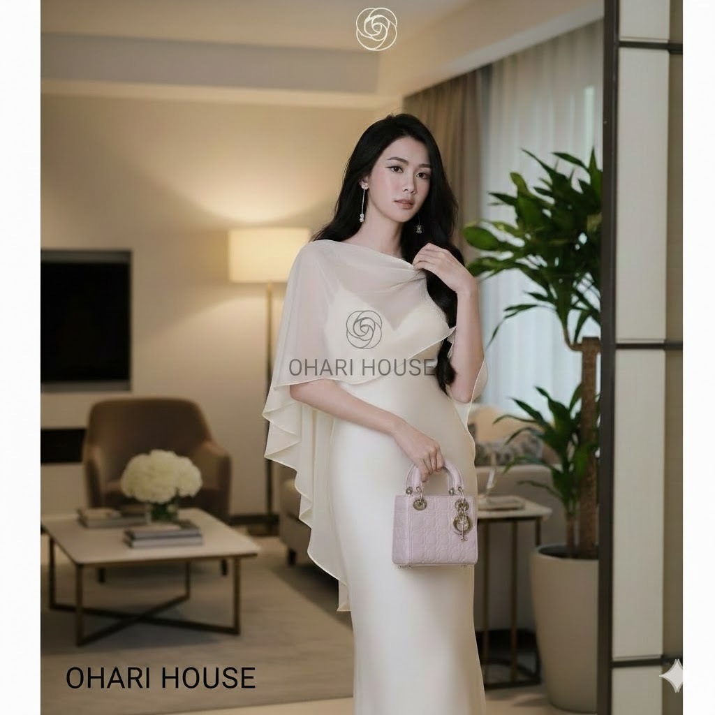 Áo Choàng Voan Dự Tiệc phối váy lụa Ohari House, khăn choàng voan che bắp tay, thiết kế thanh lịch