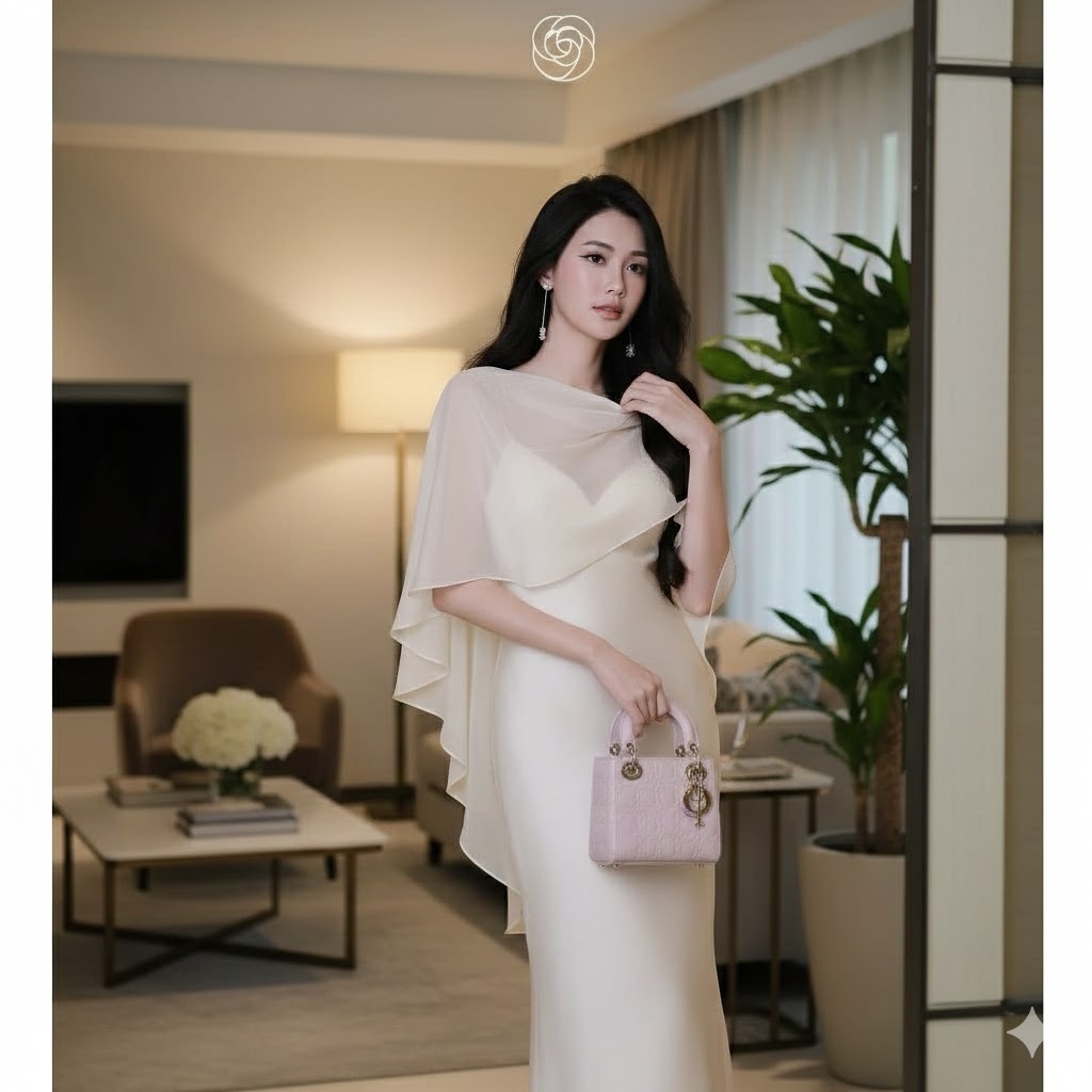 Áo choàng voan cài cúc phối váy lụa OHARI, chất liệu cao cấp thiết kế thanh lịch cho các nàng đi dự tiệc
