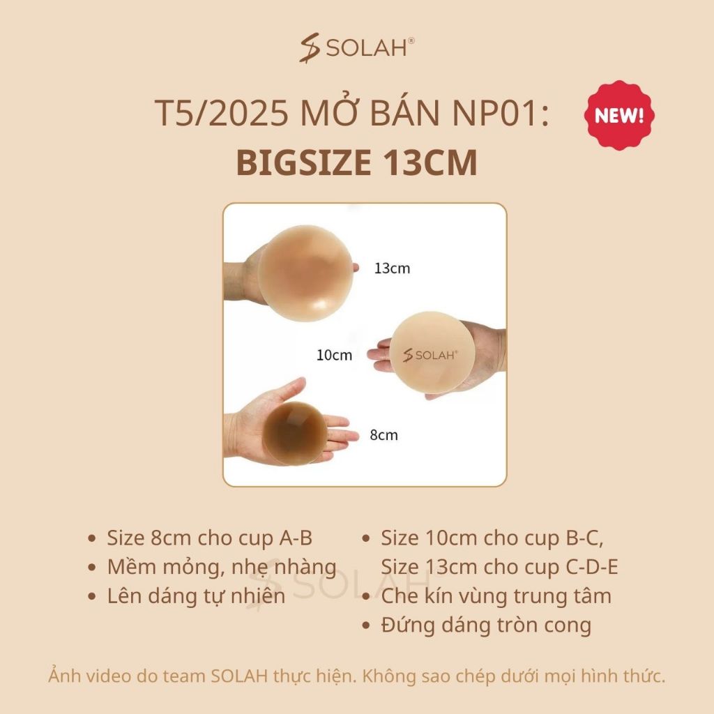 Miếng Dán Ngực Silicone Nữ Có Gel 10 Màu SOLAH Bigsize 13CM Tàng Hình Đi Chơi Biển Tiệc Bikini NP01