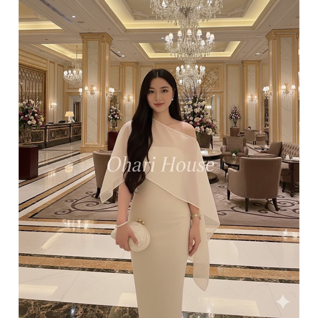 KC01 Khăn Choàng cài nút Khăn Voan Ánh Kim Che Bắp Tay Ohari House, Khăn voan phối đầm lụa đi tiệc siêu sang
