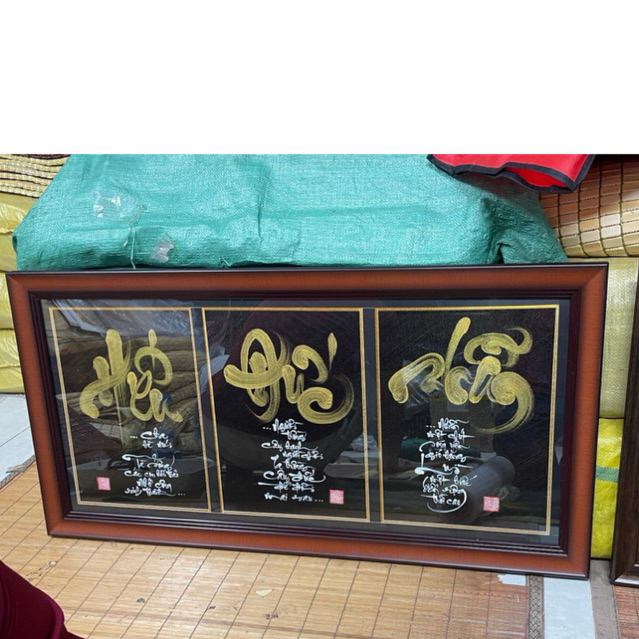 Bộ 3 tranh Thư pháp, 3 tranh treo tường decor phòng khách, Quà tặng ý nghĩa, viết tay thủ công