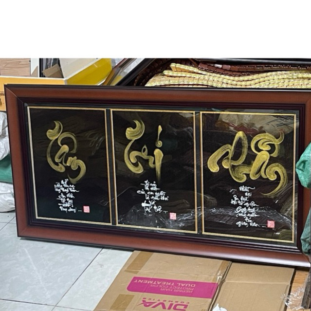 Bộ 3 tranh Thư pháp, 3 tranh treo tường decor phòng khách, Quà tặng ý nghĩa, viết tay thủ công