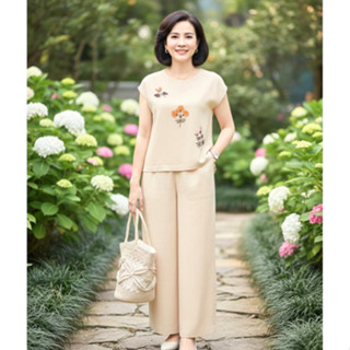 Bộ Đồ Thô Đũi Trung Niên Nữ Ngắn Tay Thêu Hoa – Chất Liệu Mềm Mát, Thoải Mái Form Thanh Lịch - Anh Thư Shop (AT41)