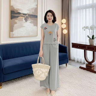 Bộ Đồ Thô Đũi Trung Niên Nữ Ngắn Tay Thêu Hoa – Chất Liệu Mềm Mát, Thoải Mái Form Thanh Lịch - Anh Thư Shop (AT41)