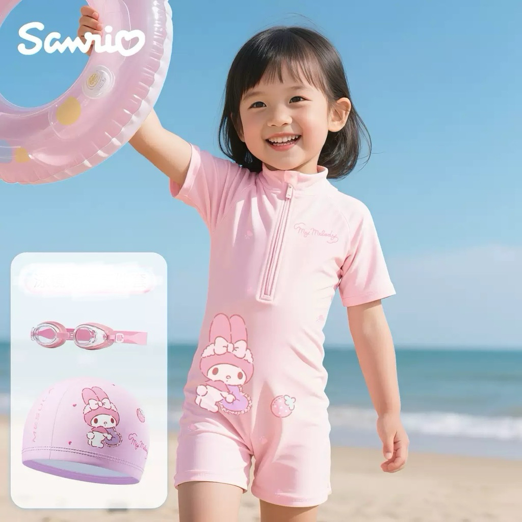 Đồ bơi cho bé gái KÈM MŨ Tukibaby sz 8-30kg hoạ tiết kuromi-cinnamorol dễ thương, bikini cho bé gái, đồ bơi bé gái