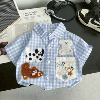 Set bộ áo sơ mi kẻ caro xanh + quần short phong cách hàn quốc cho bé trai