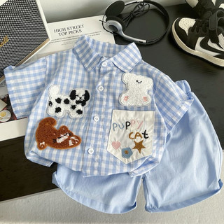 Set bộ áo sơ mi kẻ caro xanh + quần short phong cách hàn quốc cho bé trai