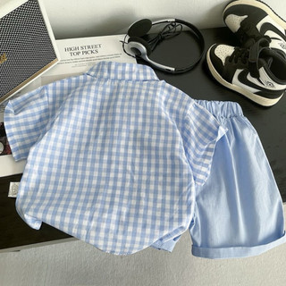 Set bộ áo sơ mi kẻ caro xanh + quần short phong cách hàn quốc cho bé trai