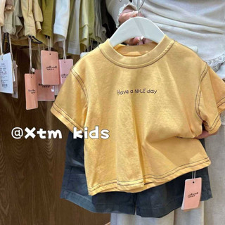 Áo thun ngắn tay cotton in chữ cho bé trai bé gái