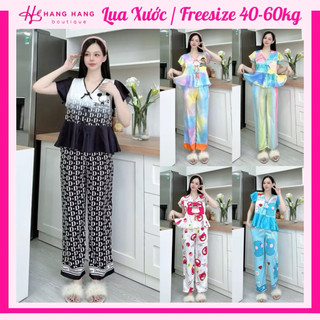 Đồ ngủ nữ 40-60kg, pijama dài cộc tay bèo dáng croptop lụa xước mềm mát 60CD16, đồ bộ nữ đồ mặc nhà tiểu thư dễ thương