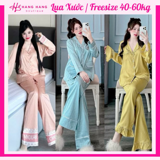Đồ ngủ nữ 40-60kg, pijama dài tay viền đáp nhiều mẫu lụa xước mềm mát 60DD08, đồ bộ nữ đồ mặc nhà trơn sang chảnh