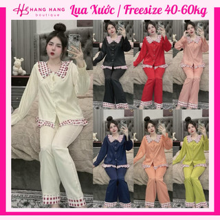 Đồ ngủ nữ 40-60kg, pijama dài tay viền đáp nhiều mẫu lụa xước mềm mát 60DD08, đồ bộ nữ đồ mặc nhà trơn sang chảnh