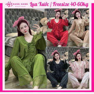 Đồ ngủ nữ 40-60kg, pijama dài tay ngắn nhún bèo viền ren nơ lụa xước mềm mát 60DD06, đồ bộ nữ đồ mặc nhà tiểu thư trơn