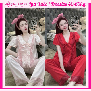 Đồ ngủ nữ 40-60kg, pijama dài tay ngắn nhún bèo viền ren nơ lụa xước mềm mát 60DD06, đồ bộ nữ đồ mặc nhà tiểu thư trơn