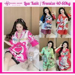 Đồ ngủ nữ 40-60kg, pijama đùi ngắn tay lỡ xẻ nơ lụa xước mềm mát 60CC08, đồ bộ nữ đồ mặc nhà tiểu thư dễ thương